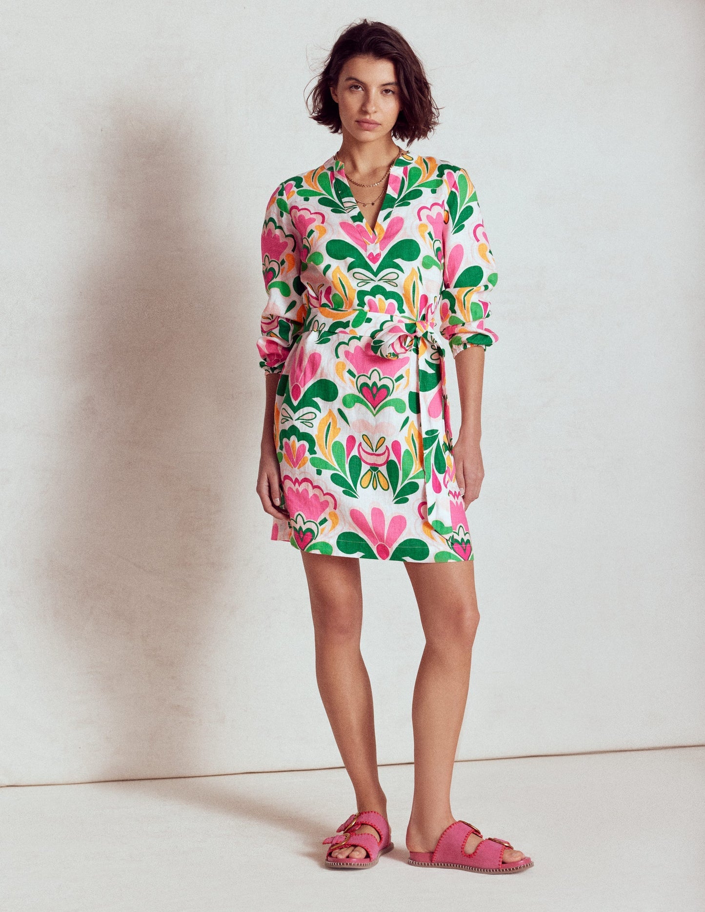 Cleo Linen Tie Waist Dress - Multi, Freesia Stamp