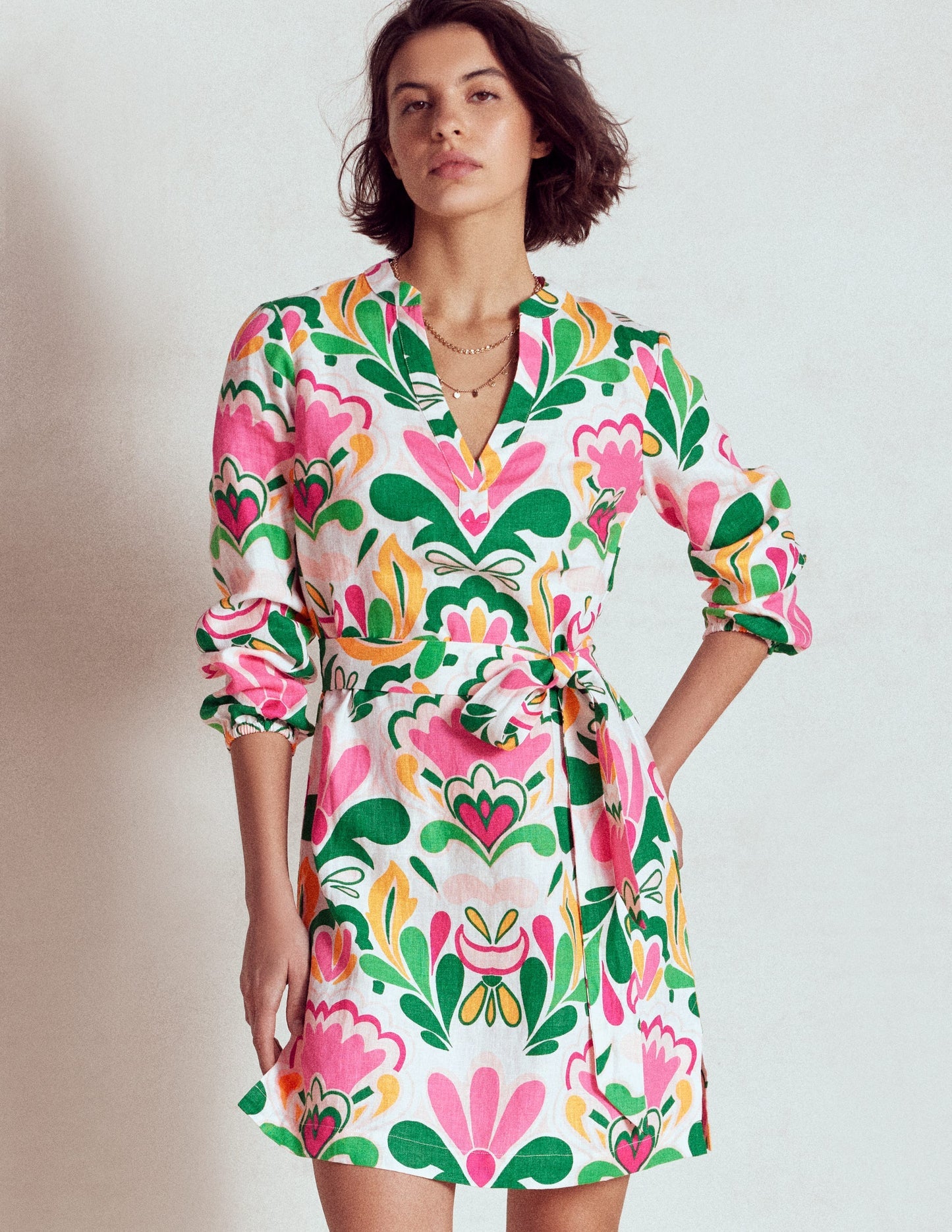 Cleo Linen Tie Waist Dress - Multi, Freesia Stamp
