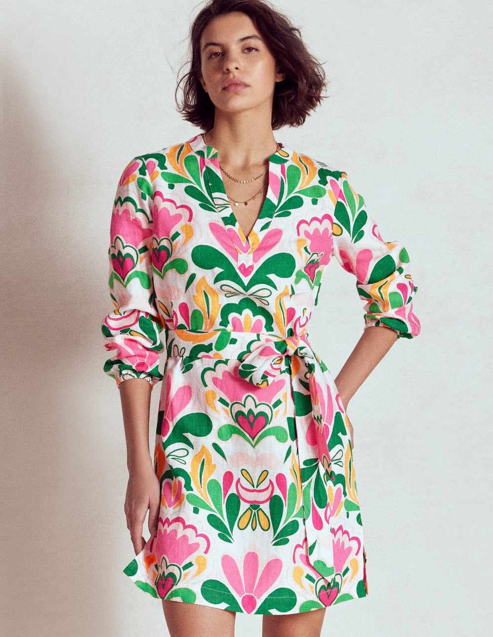 Cleo Linen Tie Waist Dress - Multi, Freesia Stamp