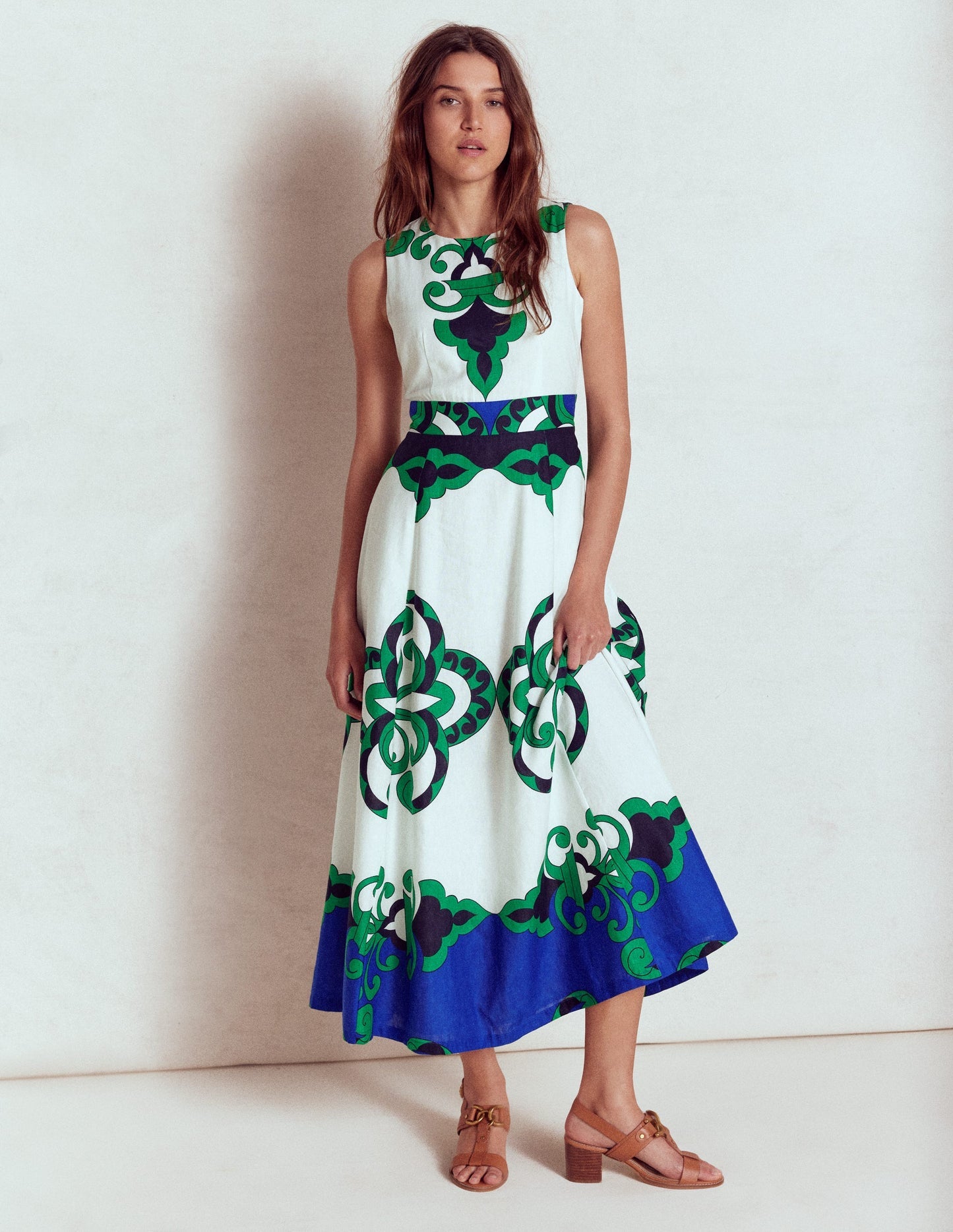 Sleeveless Linen Blend Dress - Ivory, Ornate Reflection