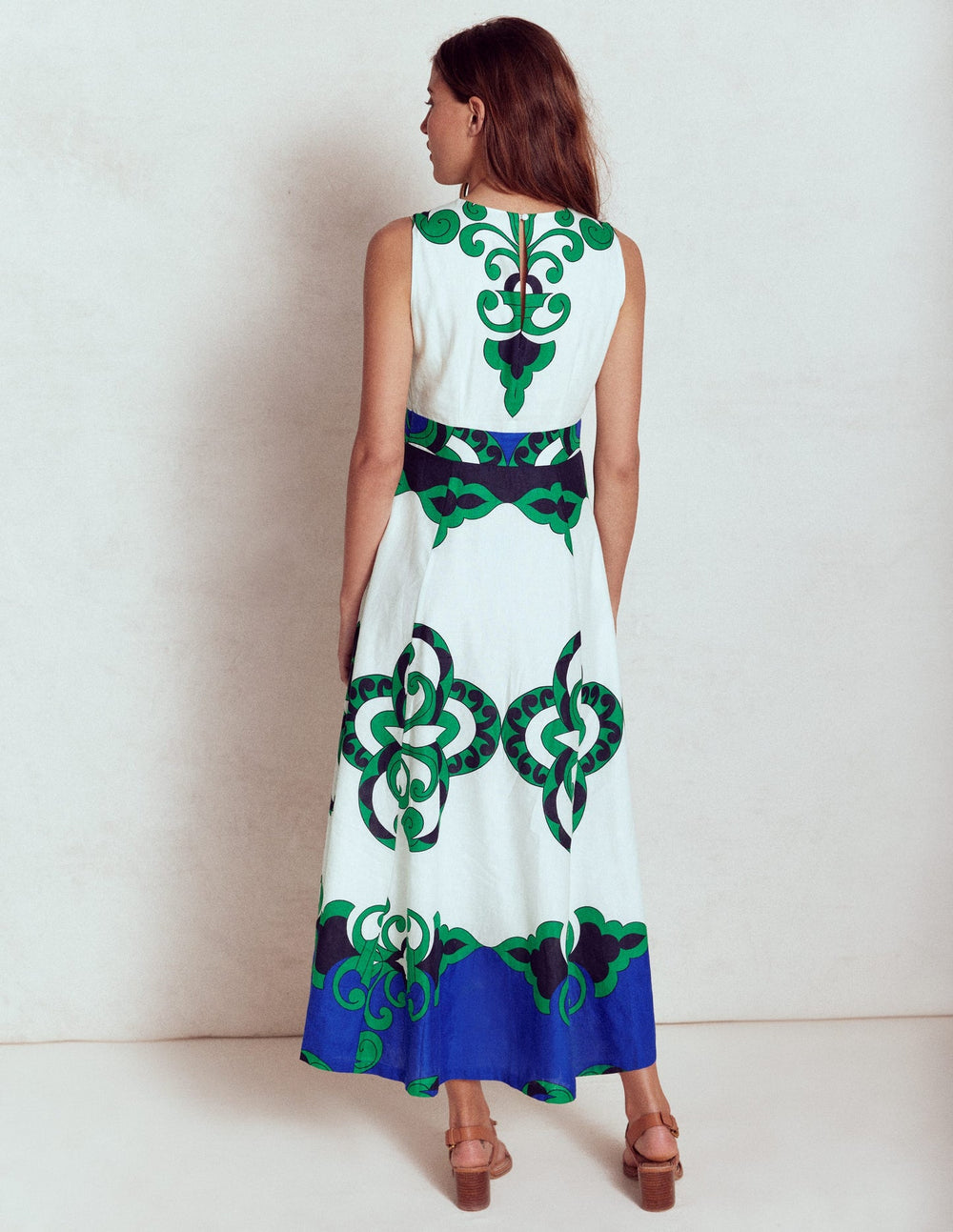 Sleeveless Linen Blend Dress - Ivory, Ornate Reflection