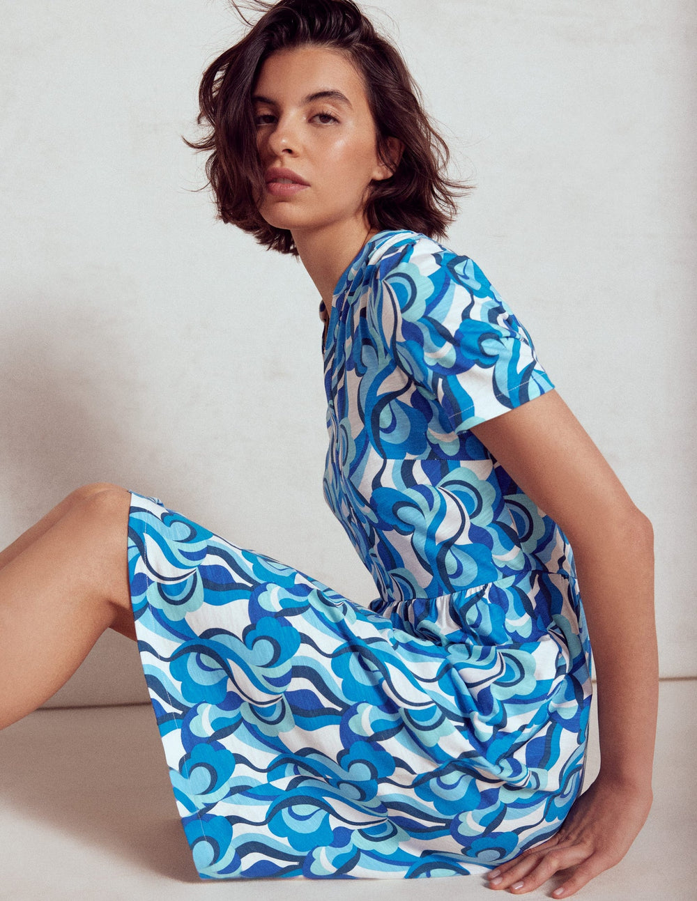 Naomi Short Sleeve Dress - Blue, Abstract Swirl