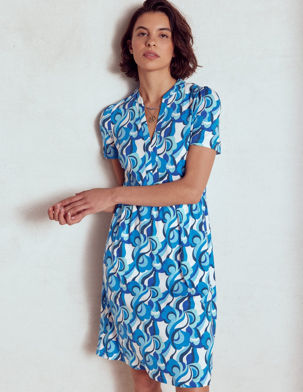 Naomi Short Sleeve Dress - Blue, Abstract Swirl