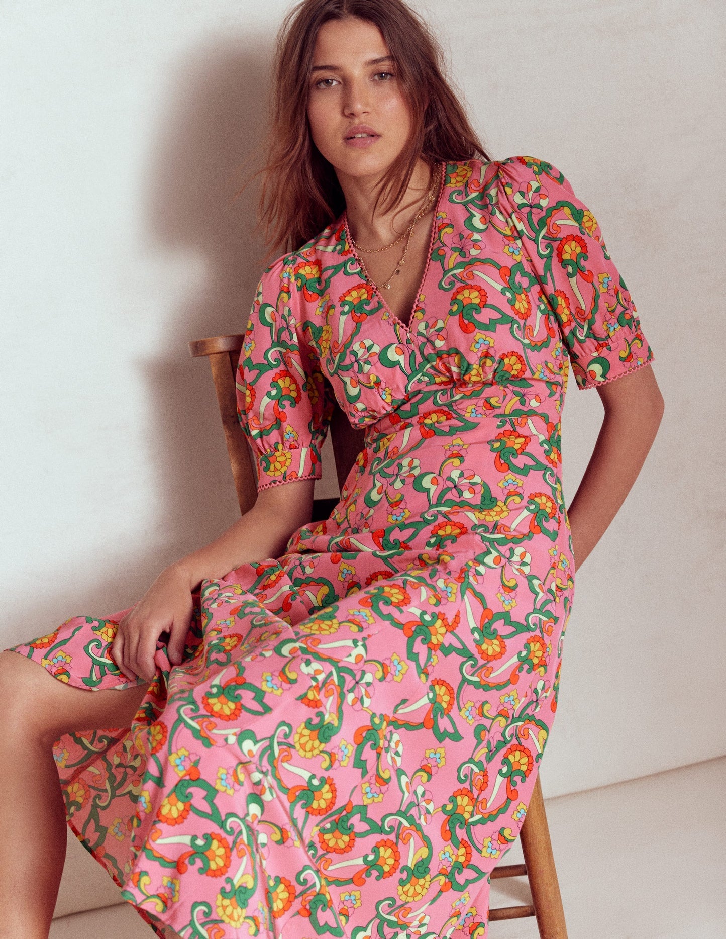 Rosie Godet Tea Dress - Pink Rose, Foliage Trail