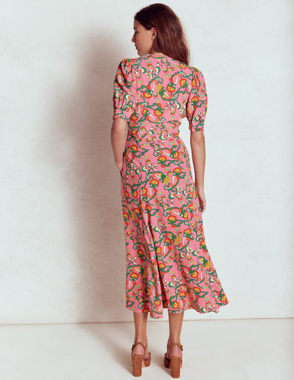 Rosie Godet Tea Dress - Pink Rose, Foliage Trail