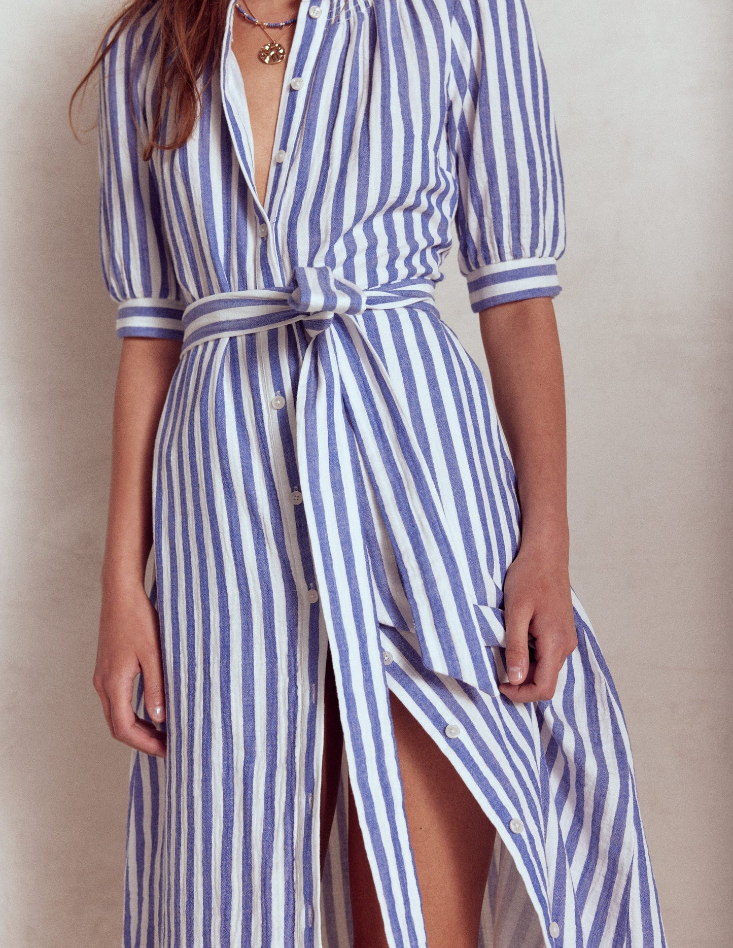 Ada Double Cloth Midi Dress - Bright Blue Stripe