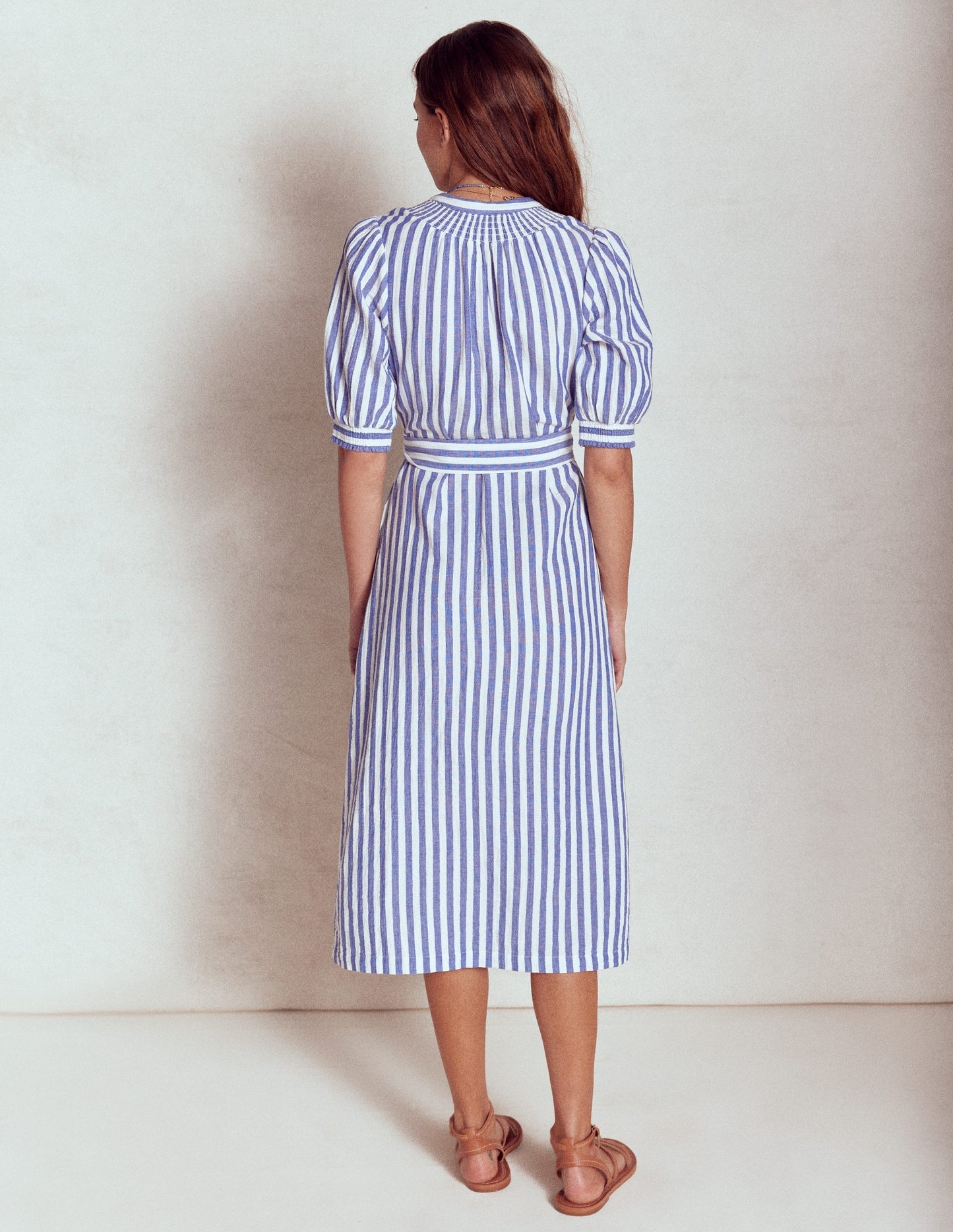 Ada Double Cloth Midi Dress - Bright Blue Stripe