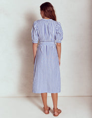 Ada Double Cloth Midi Dress - Bright Blue Stripe