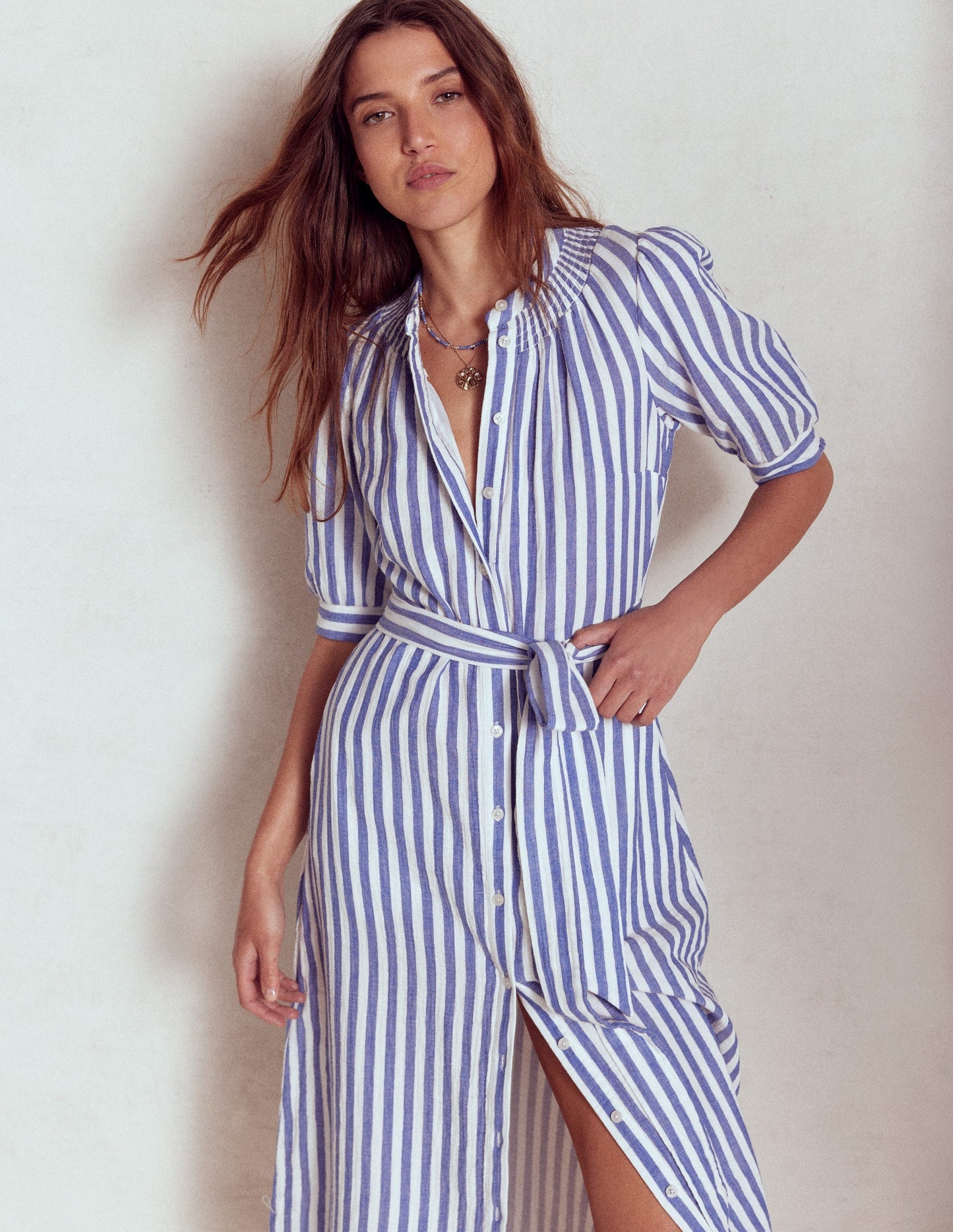 Ada Double Cloth Midi Dress - Bright Blue Stripe