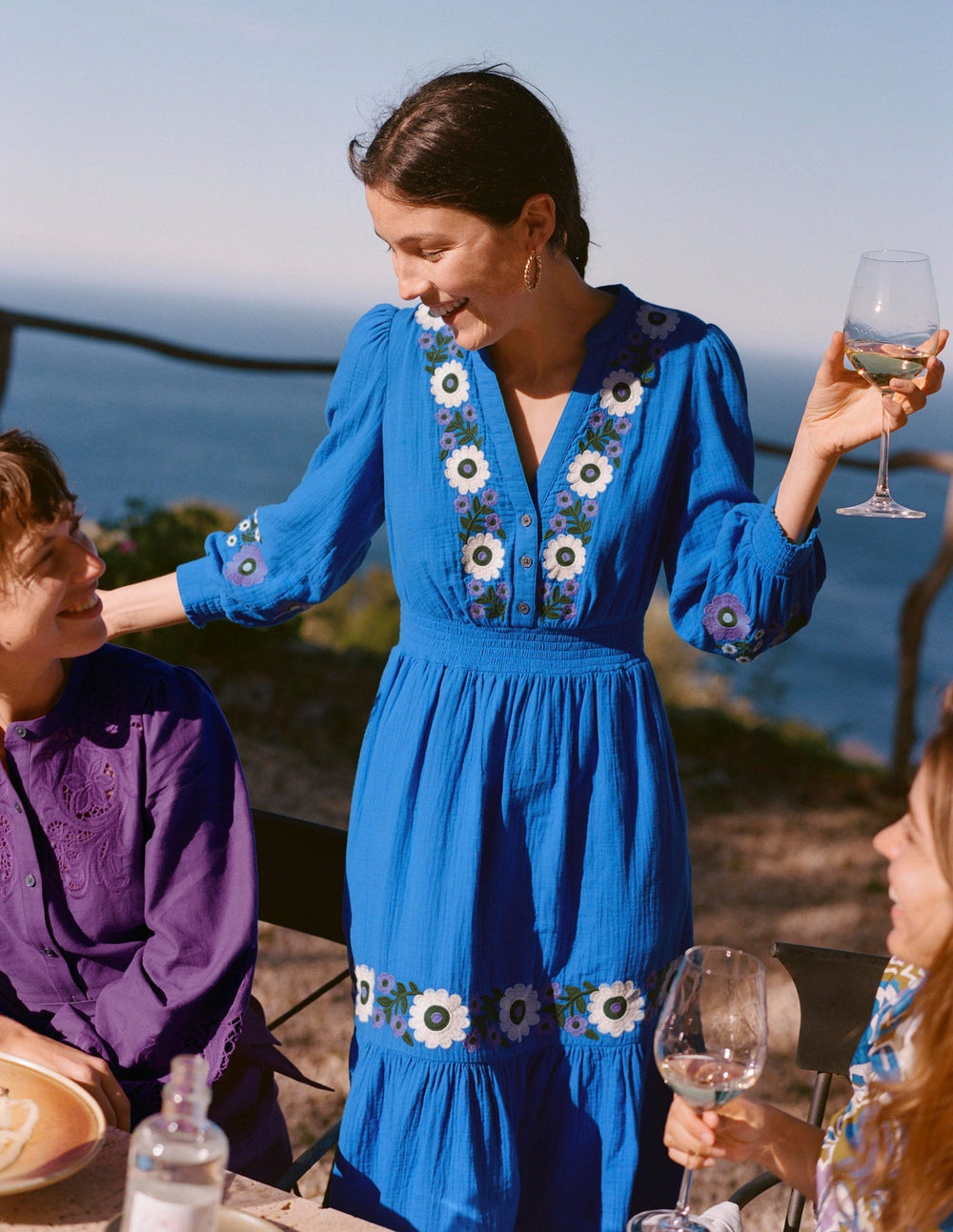 Elena Double Cloth Midi Dress - Blue Embroidery