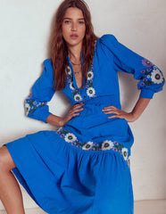 Elena Double Cloth Midi Dress - Blue Embroidery