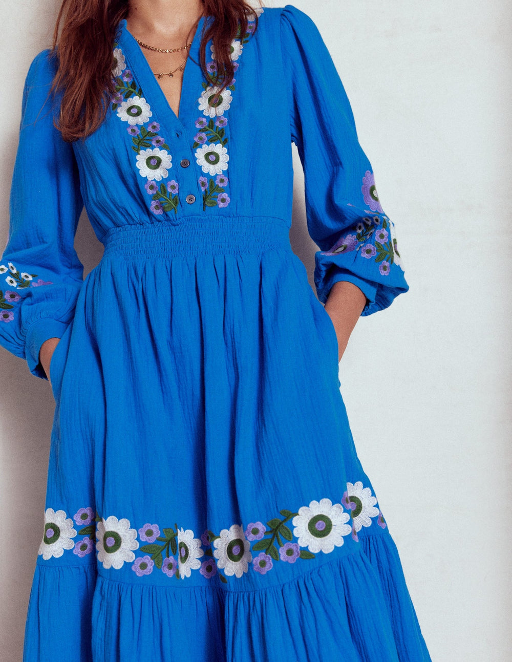 Elena Double Cloth Midi Dress - Blue Embroidery