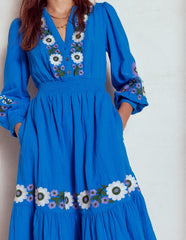 Elena Double Cloth Midi Dress - Blue Embroidery