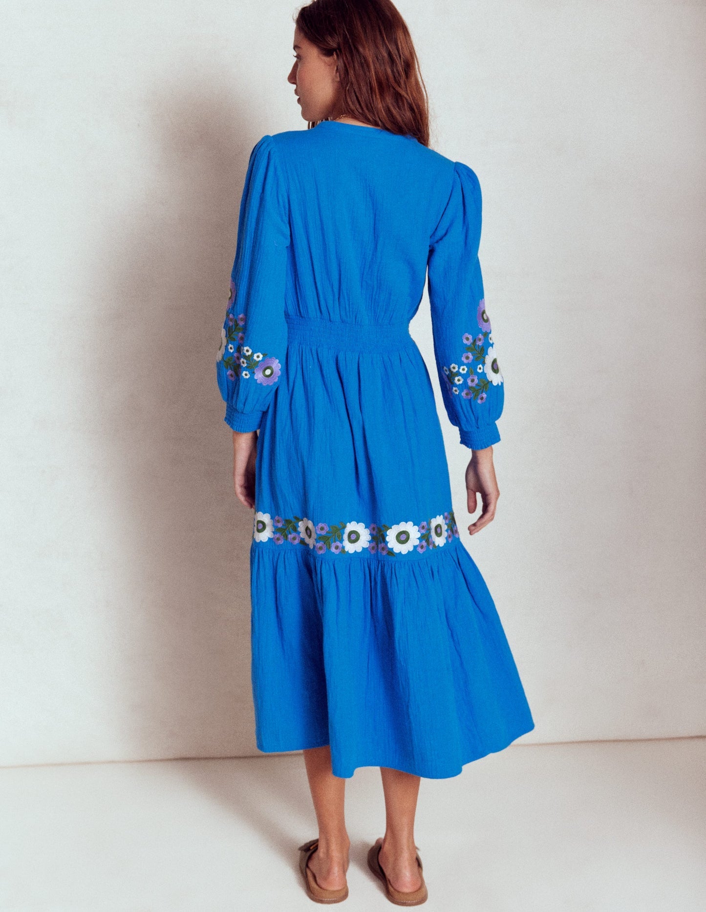 Elena Double Cloth Midi Dress - Blue Embroidery