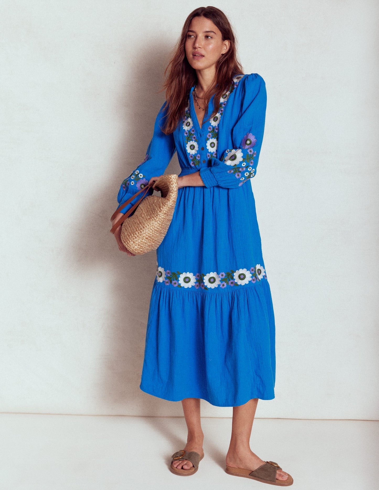 Elena Double Cloth Midi Dress - Blue Embroidery