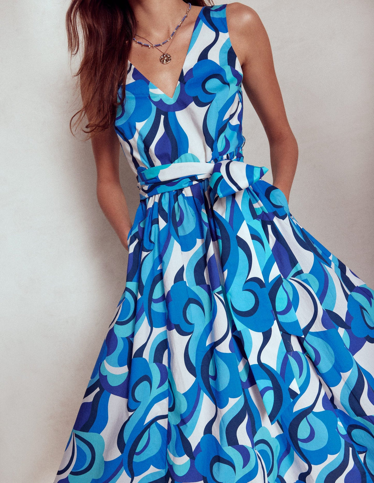 V - Neck Belted Flare Dress - Blue, Abstract Swirl