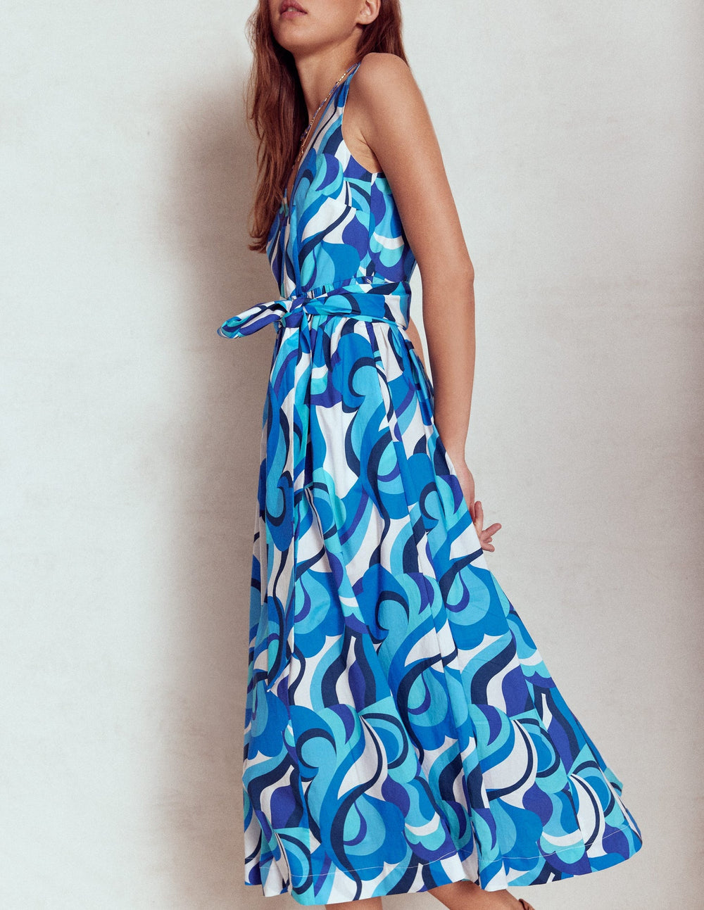 V - Neck Belted Flare Dress - Blue, Abstract Swirl