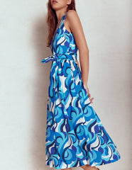 V - Neck Belted Flare Dress - Blue, Abstract Swirl