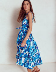 V - Neck Belted Flare Dress - Blue, Abstract Swirl