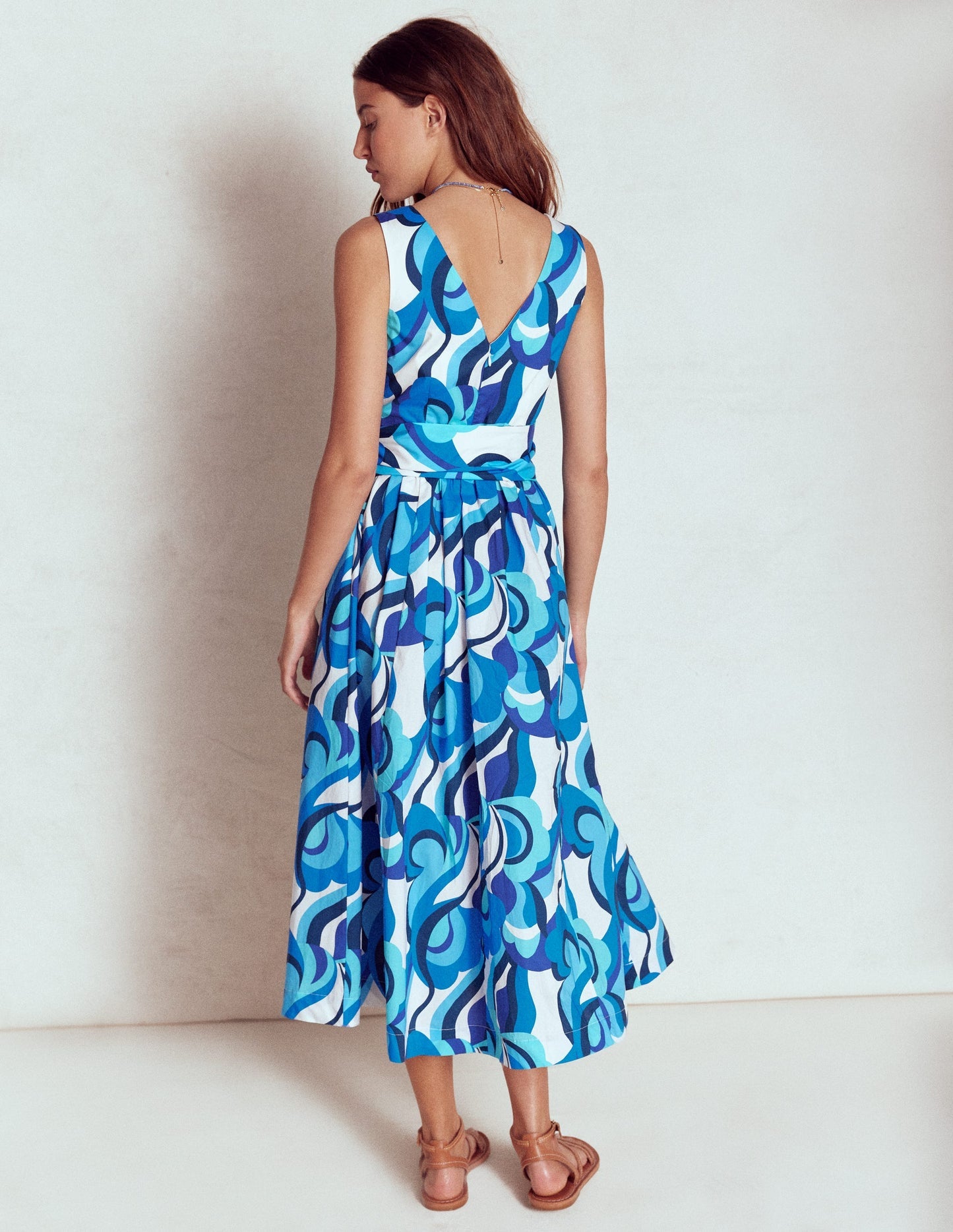 V - Neck Belted Flare Dress - Blue, Abstract Swirl