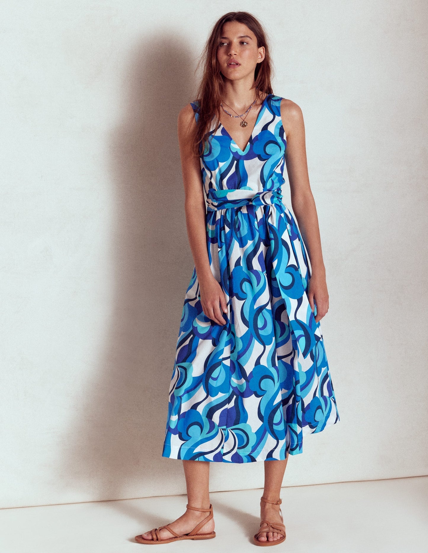 V - Neck Belted Flare Dress - Blue, Abstract Swirl
