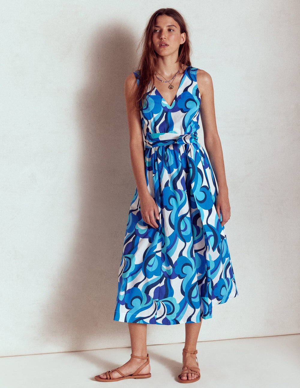 V - Neck Belted Flare Dress - Blue, Abstract Swirl