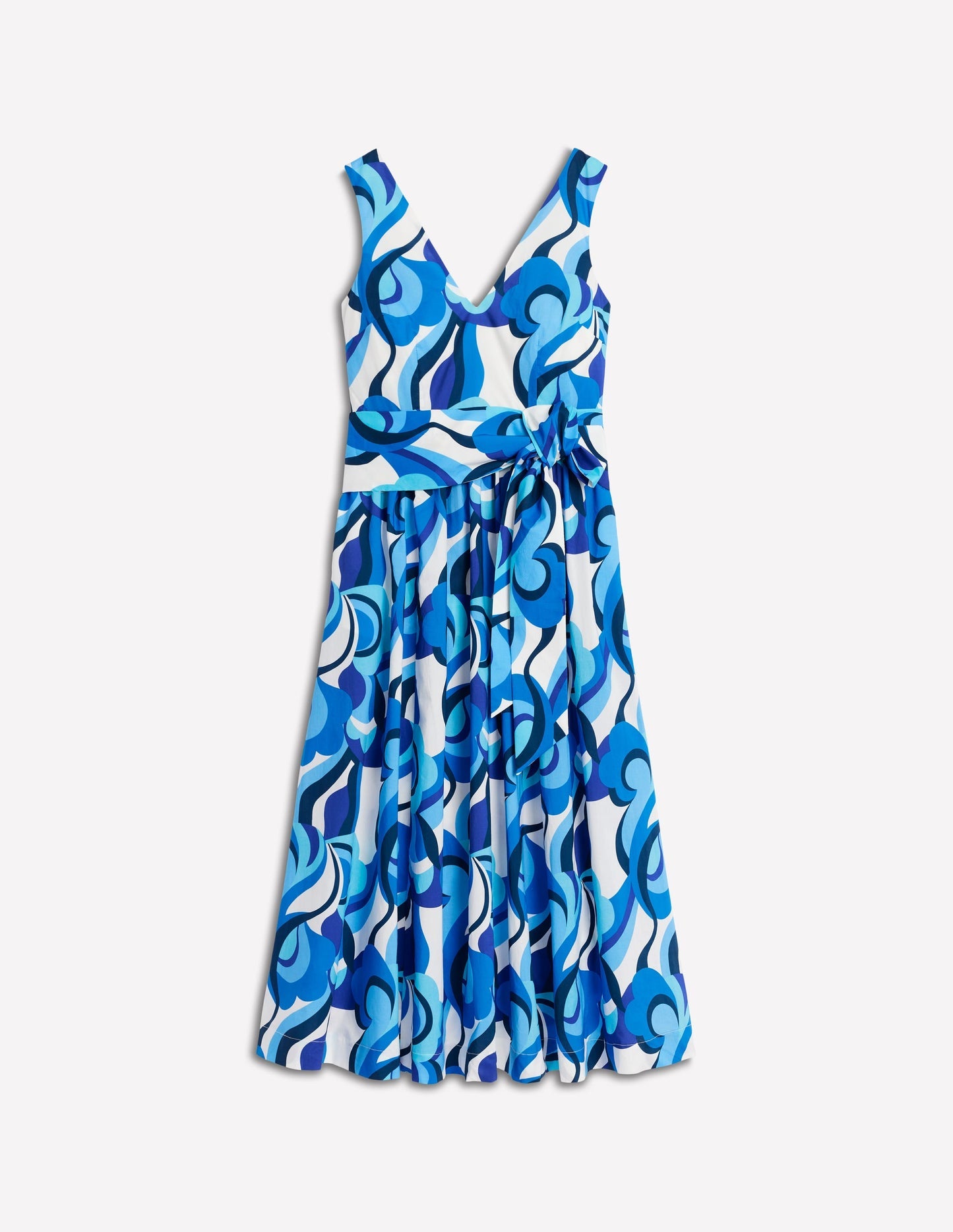 V - Neck Belted Flare Dress - Blue, Abstract Swirl