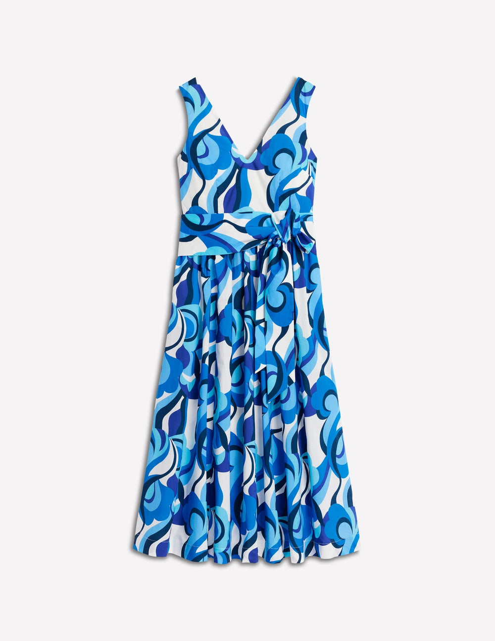 V - Neck Belted Flare Dress - Blue, Abstract Swirl