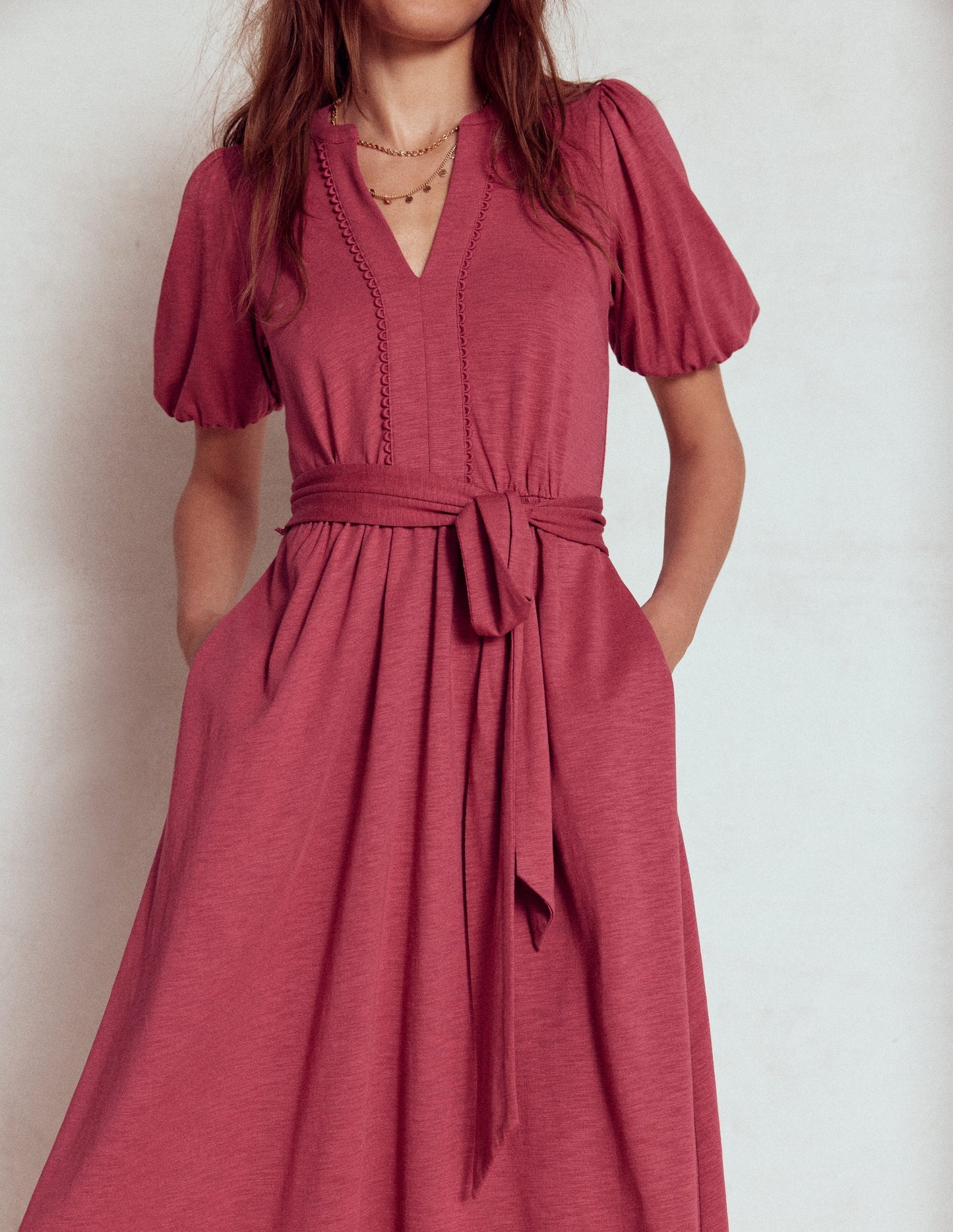 Sofia Trim Jersey Midi Dress - Terracotta Red