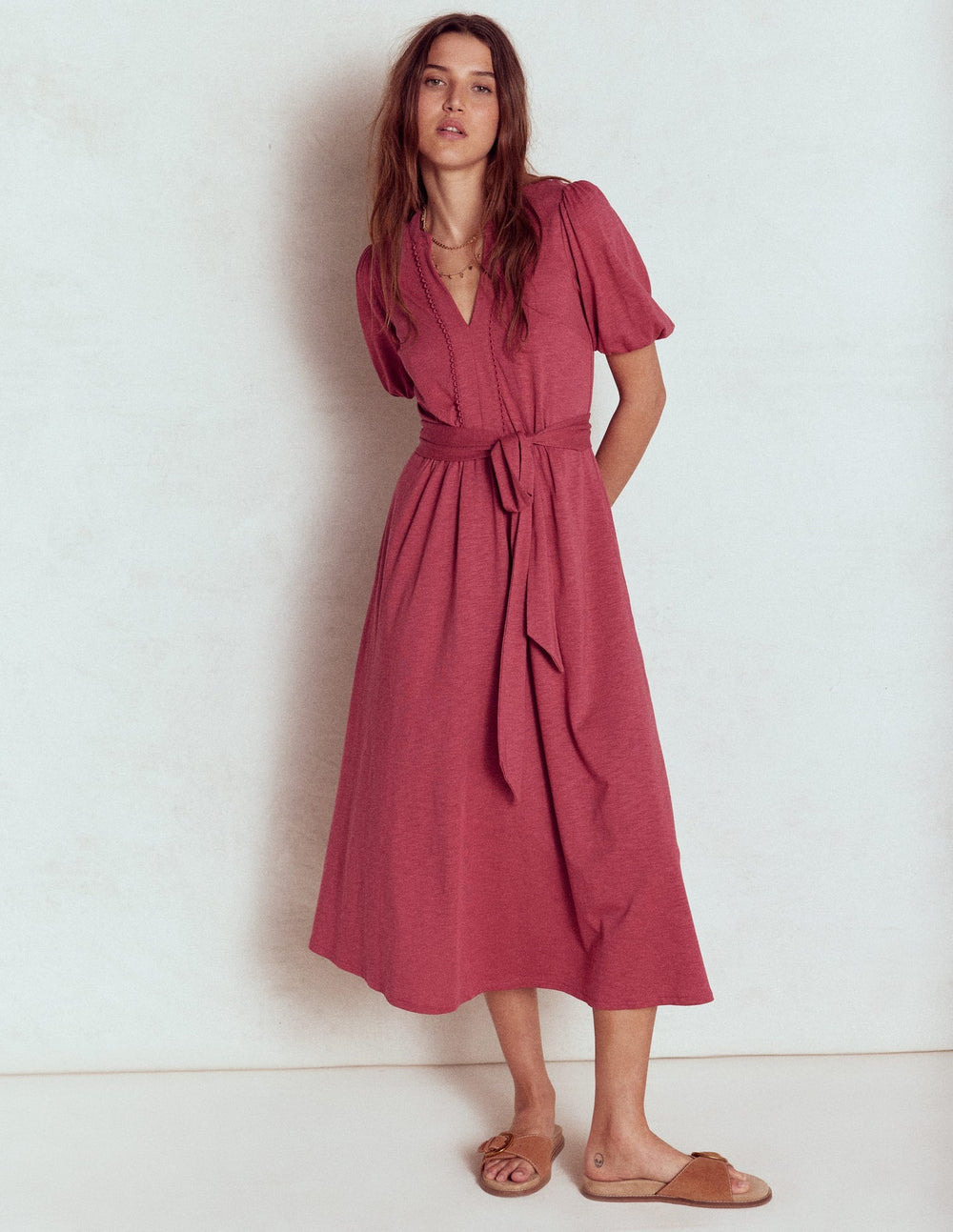 Sofia Trim Jersey Midi Dress - Terracotta Red