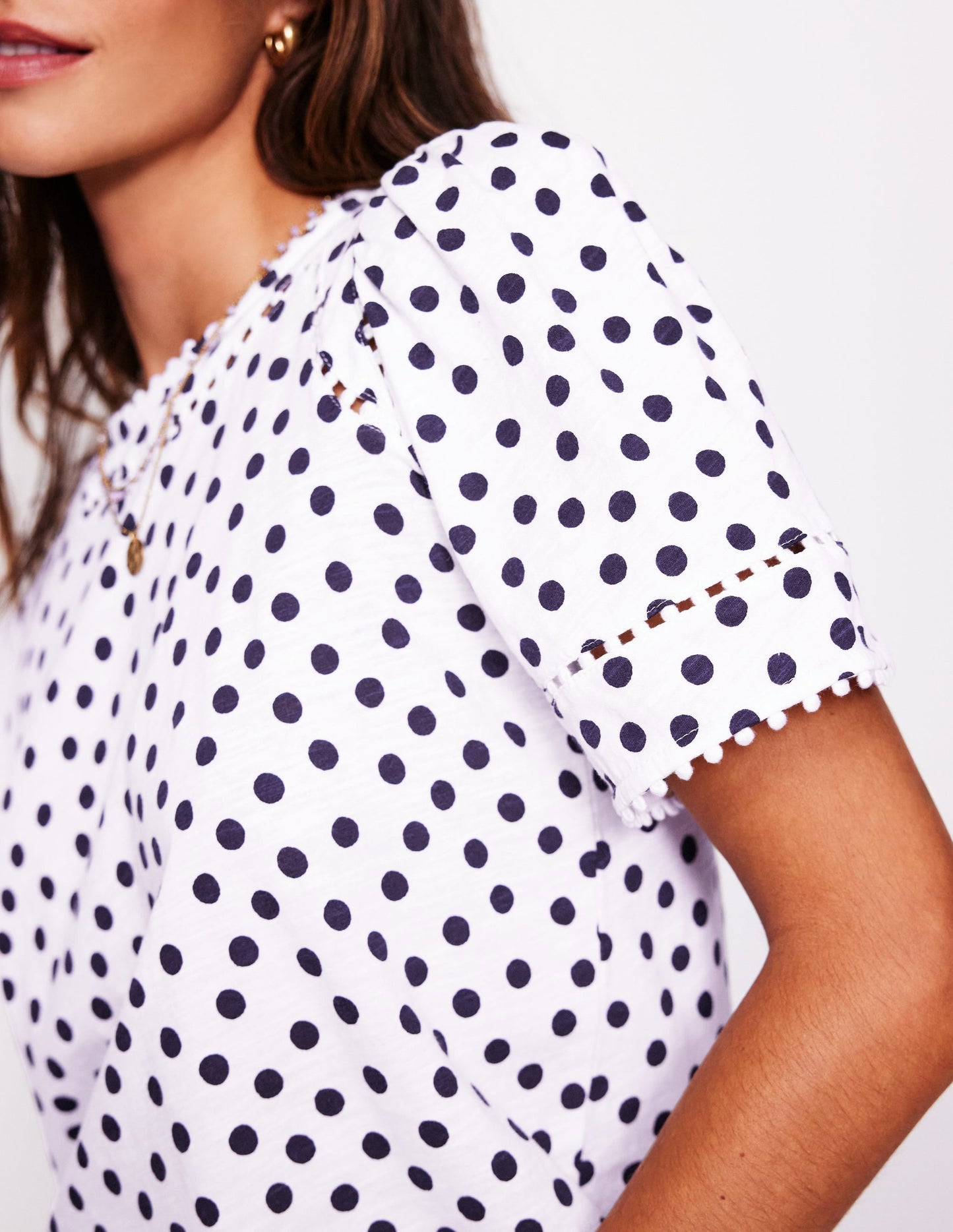 Mila Trim Detail Top - Ivory, French Navy Dot