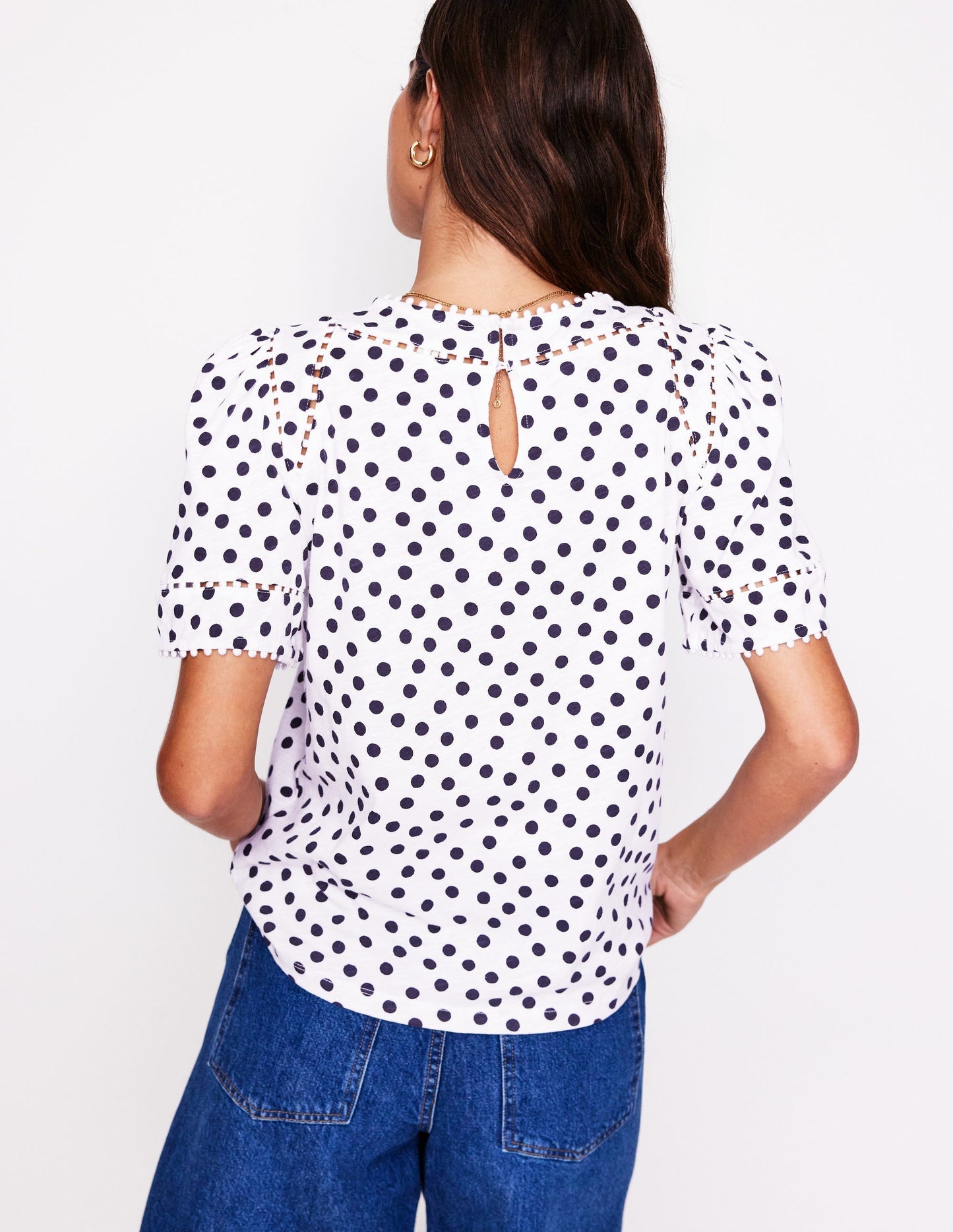 Mila Trim Detail Top - Ivory, French Navy Dot