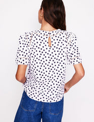 Mila Trim Detail Top - Ivory, French Navy Dot