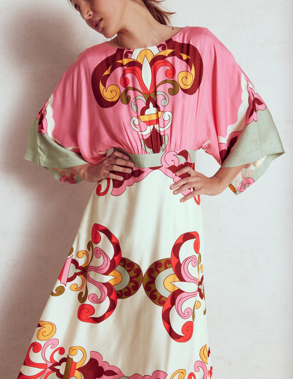 Flute Sleeve Midi Dress - Pink Rose, Ornate Reflection