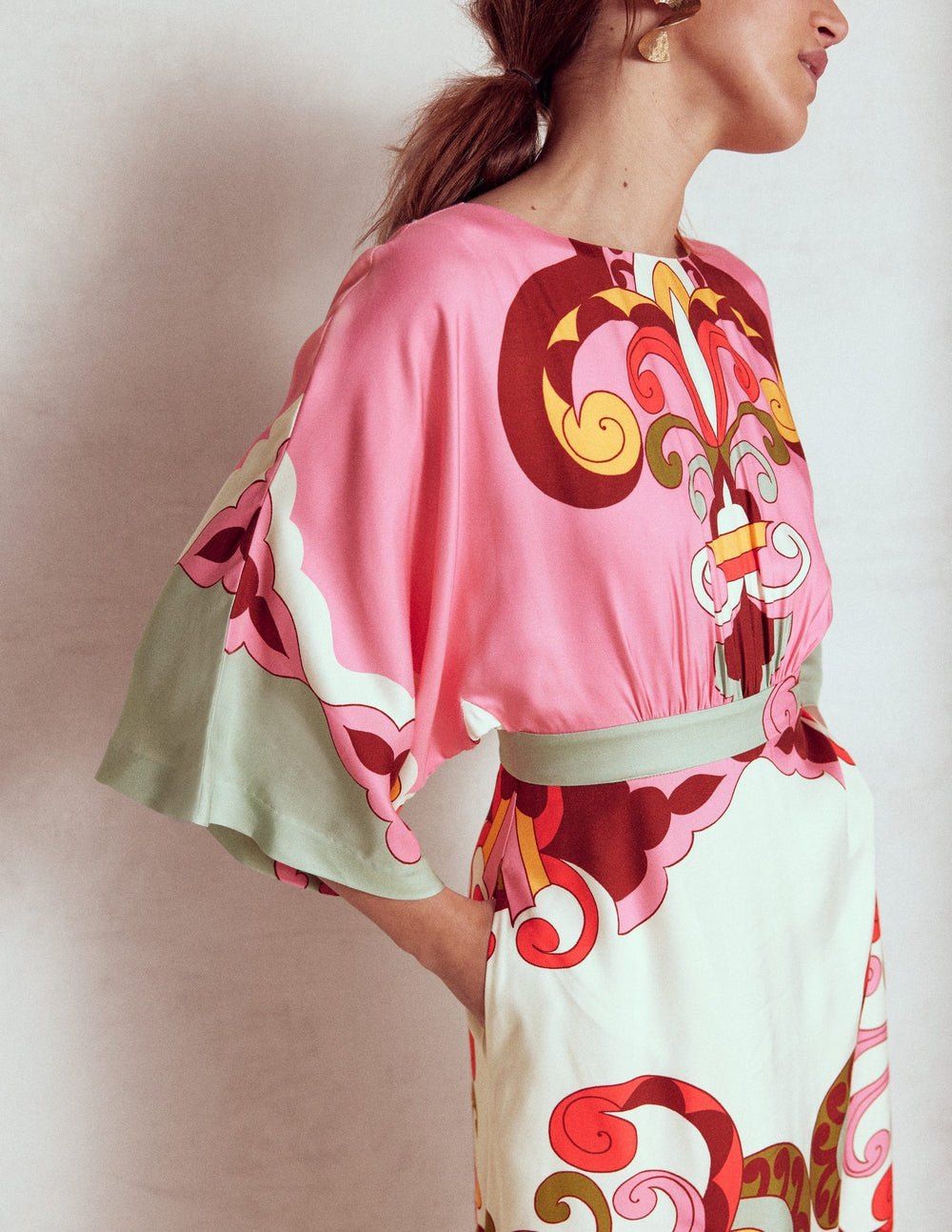 Flute Sleeve Midi Dress - Pink Rose, Ornate Reflection
