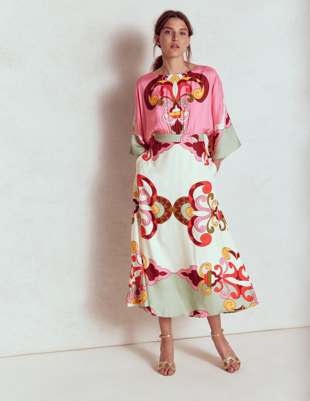 Flute Sleeve Midi Dress - Pink Rose, Ornate Reflection