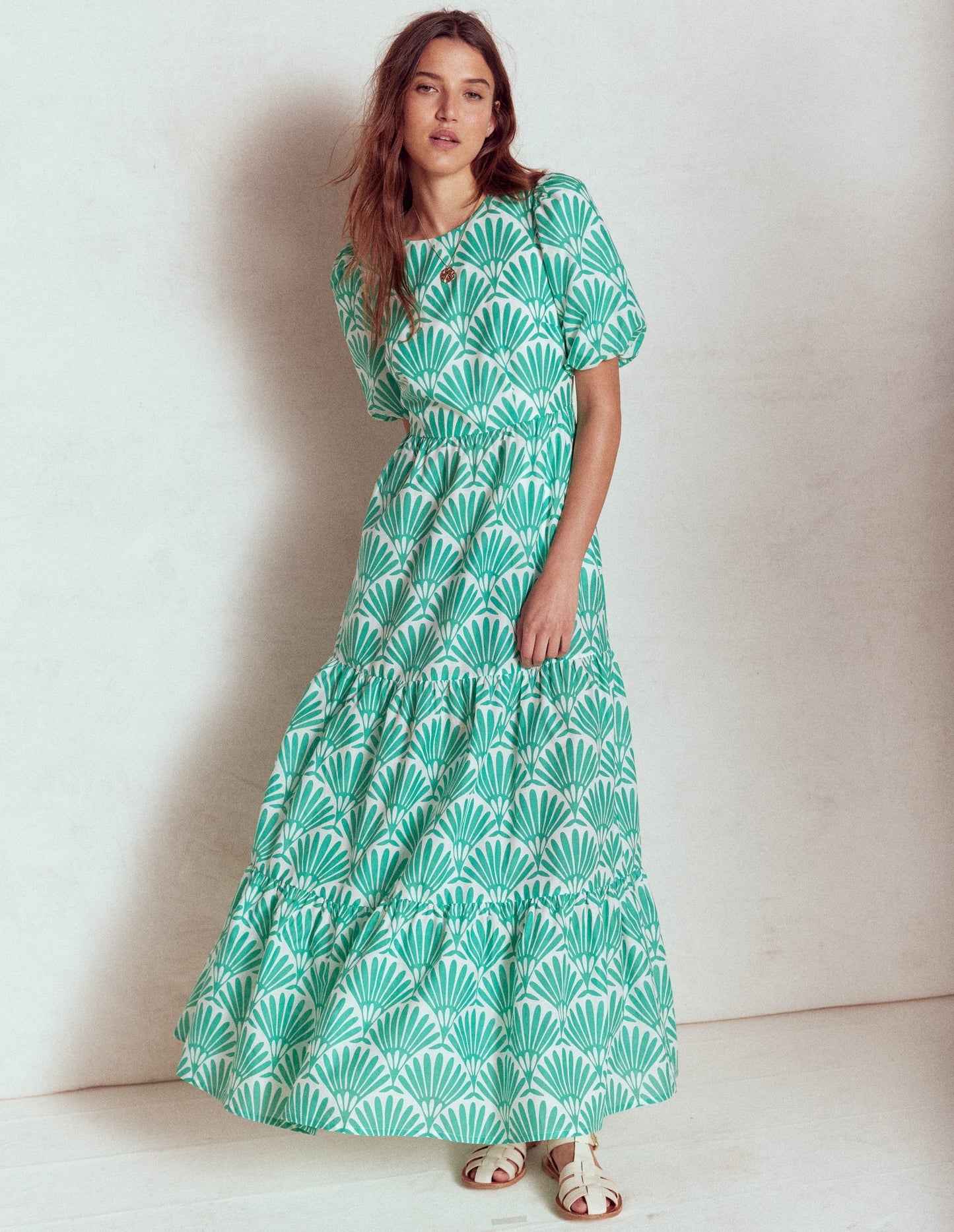 Tiered Poplin Maxi Dress - Aquamarine Blue, Deco Palm
