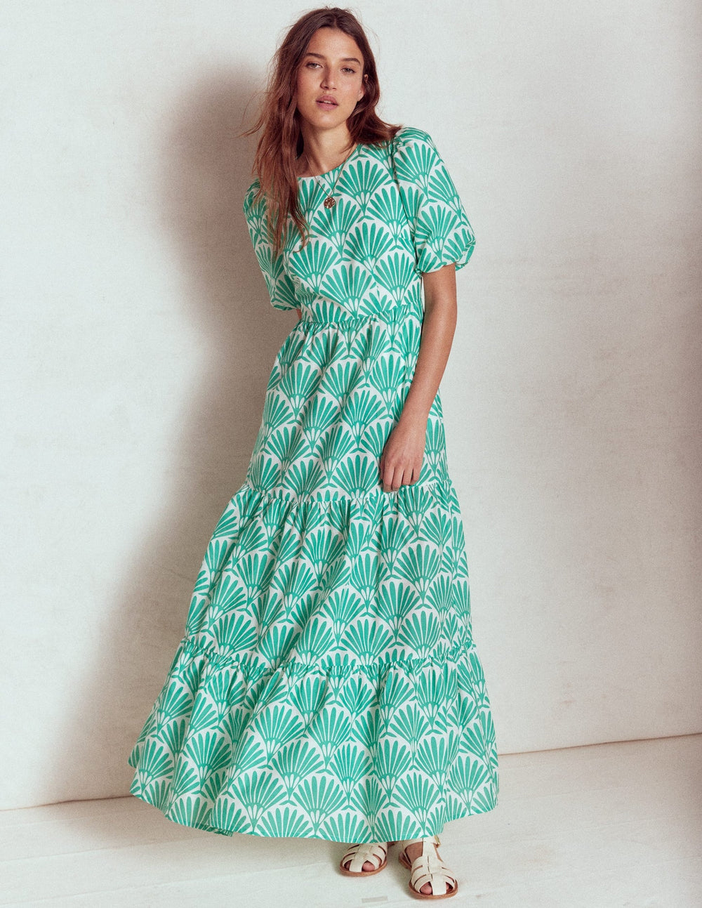 Tiered Poplin Maxi Dress - Aquamarine Blue, Deco Palm