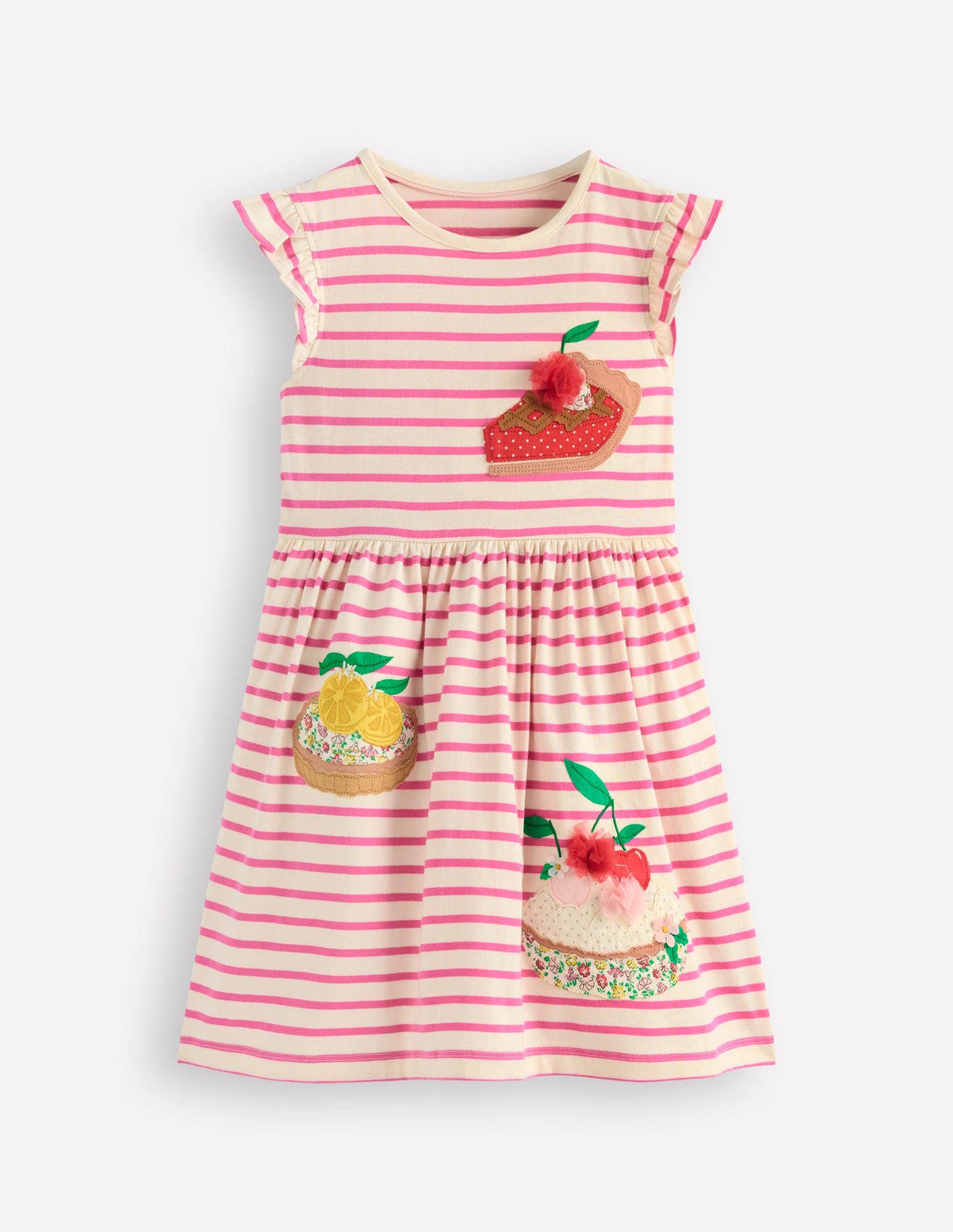 Flutter Sleeve Appliqué Dress - Pink Stripe Cakes