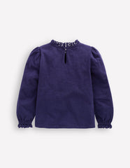 Broderie Trim Jersey Top - Starboard Blue