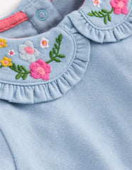 Collared Jersey Set - Blue Floral Embroidery