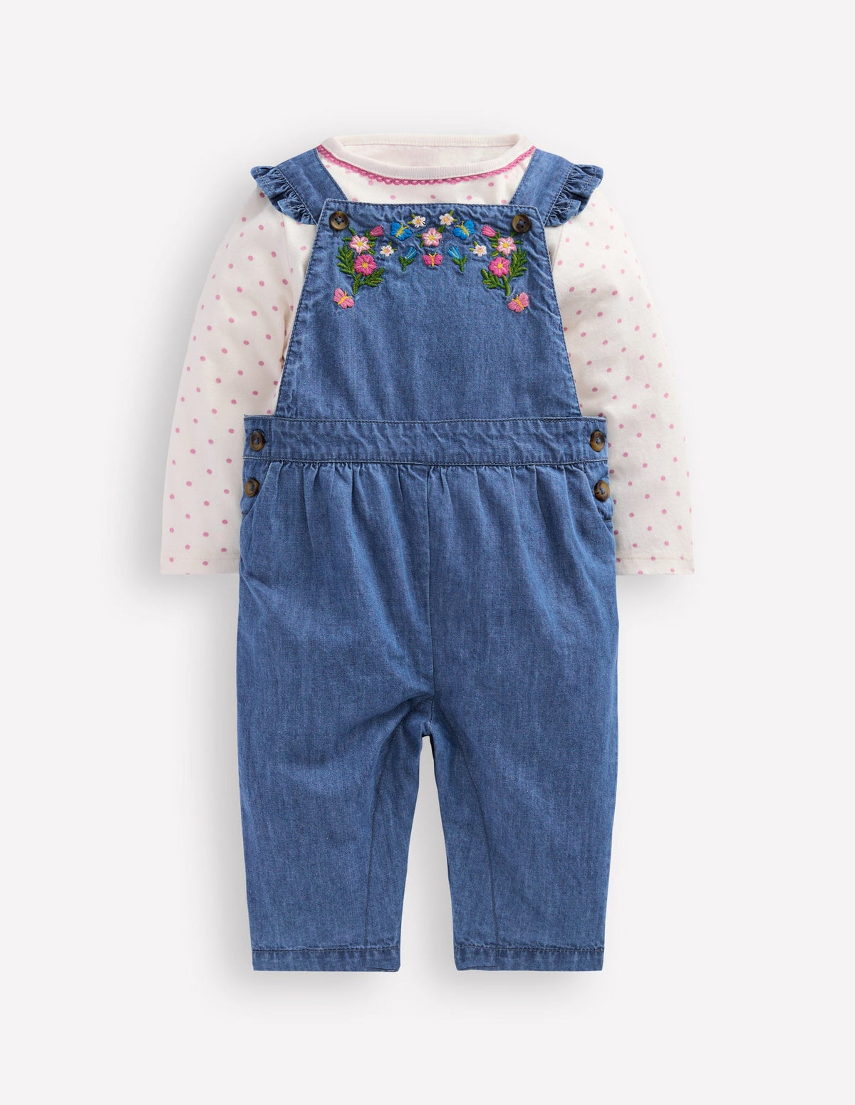 Woven Overalls Set - Blue Chambray Embroidery