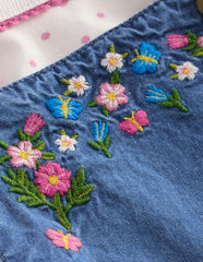 Woven Overalls Set - Blue Chambray Embroidery