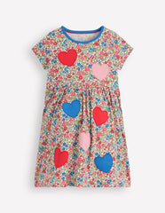 Appliqué T-shirt Dress - Rose Pink Flowerbed Hearts