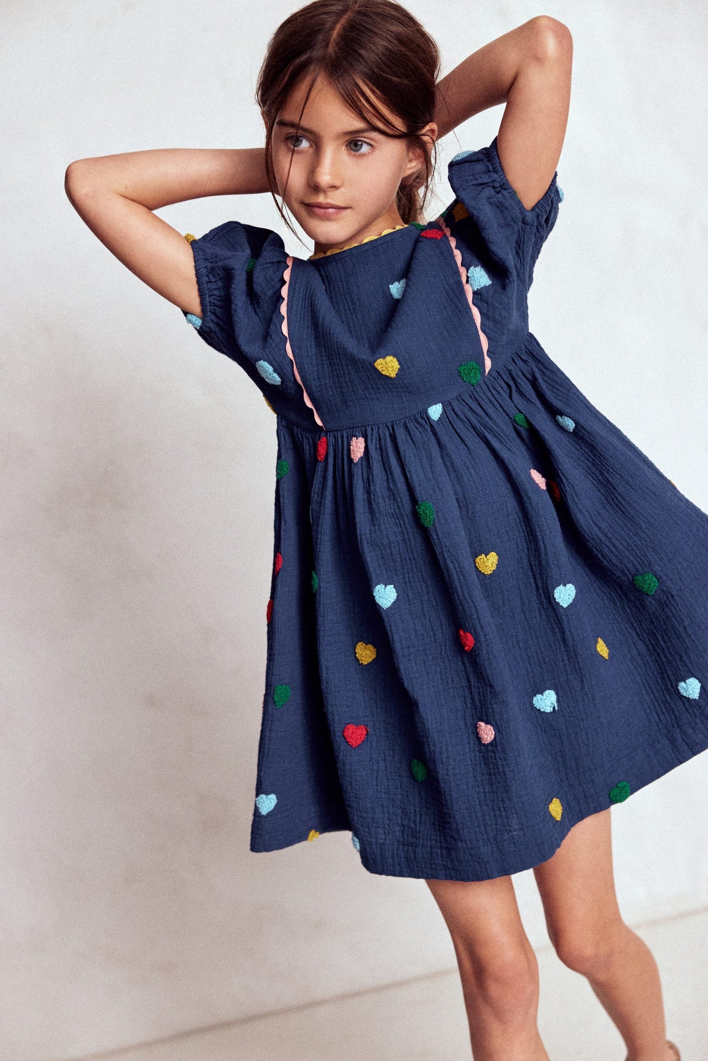 Puff Sleeve Double Cloth Dress - Starboard Blue Hearts