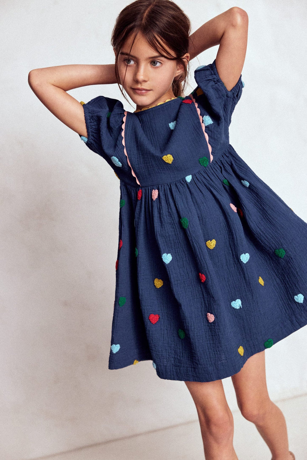 Puff Sleeve Double Cloth Dress - Starboard Blue Hearts
