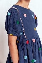 Puff Sleeve Double Cloth Dress - Starboard Blue Hearts