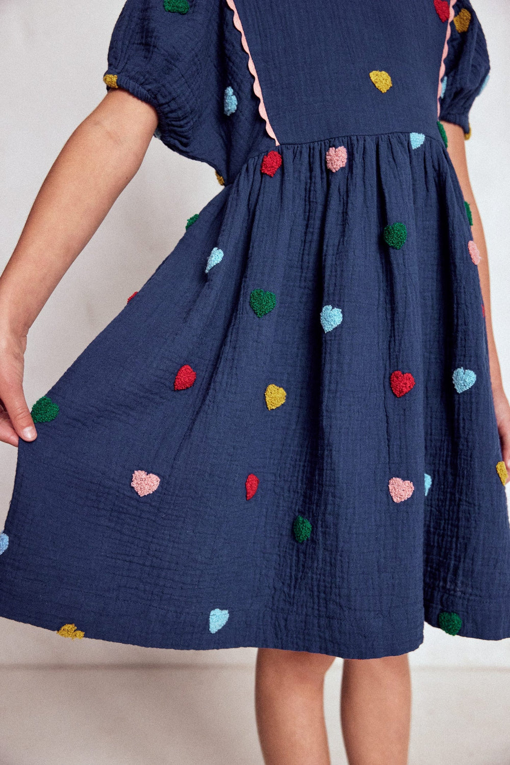 Puff Sleeve Double Cloth Dress - Starboard Blue Hearts