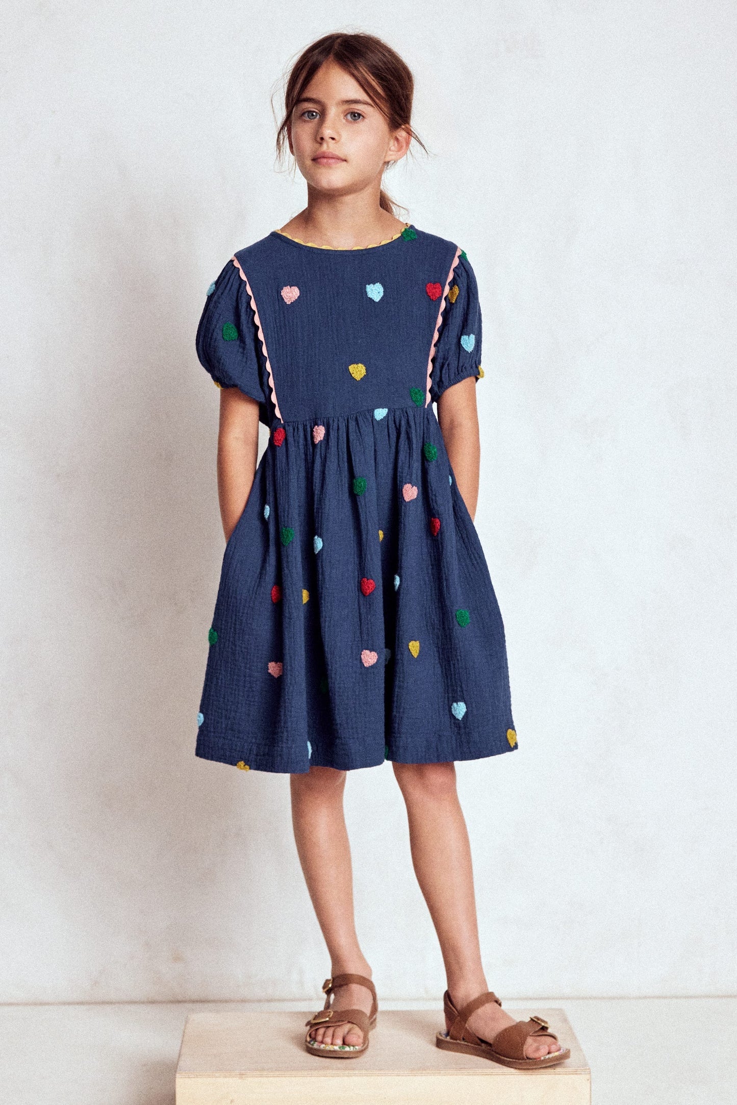 Puff Sleeve Double Cloth Dress - Starboard Blue Hearts