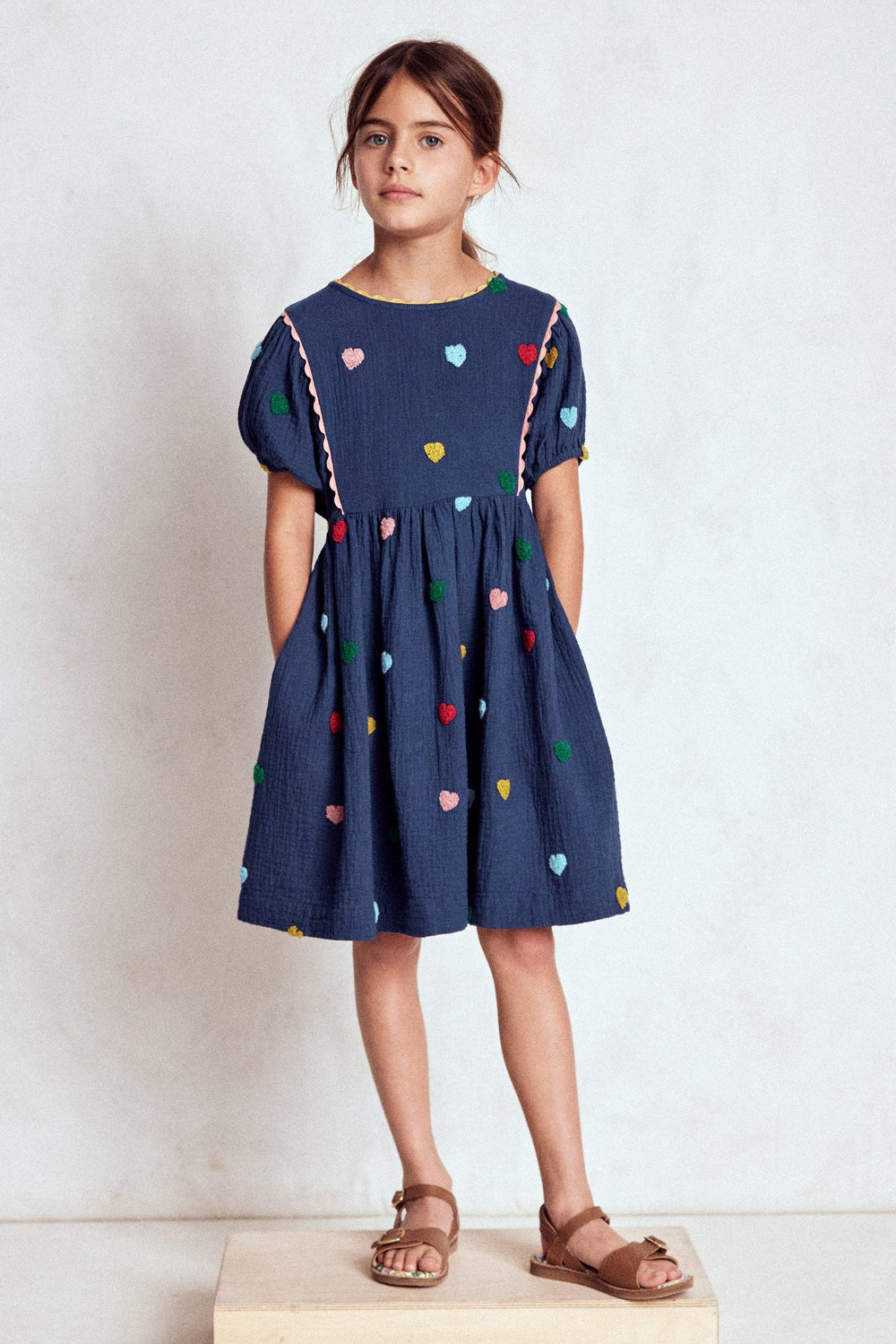 Puff Sleeve Double Cloth Dress - Starboard Blue Hearts